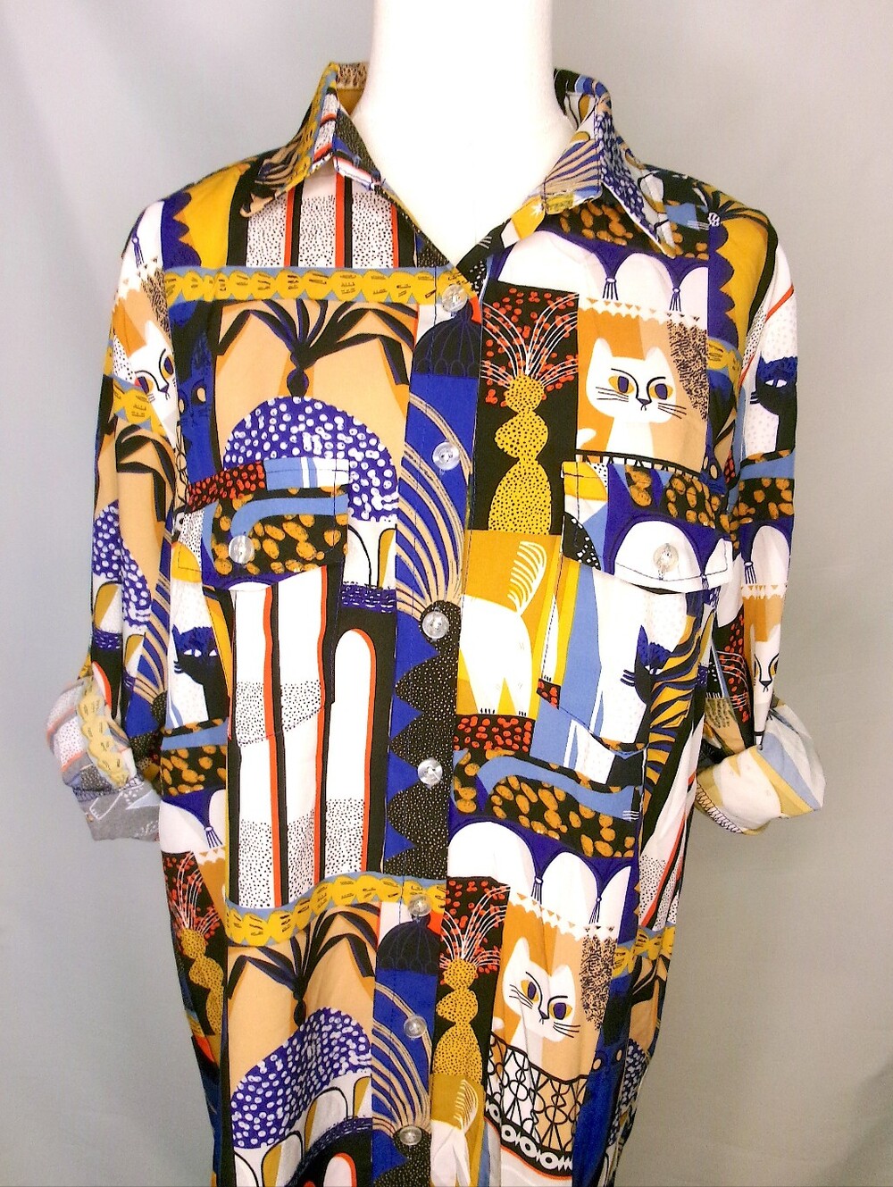 Cham Pion Fashion Cat Print Maximalist Maxi Shirt Dress Large